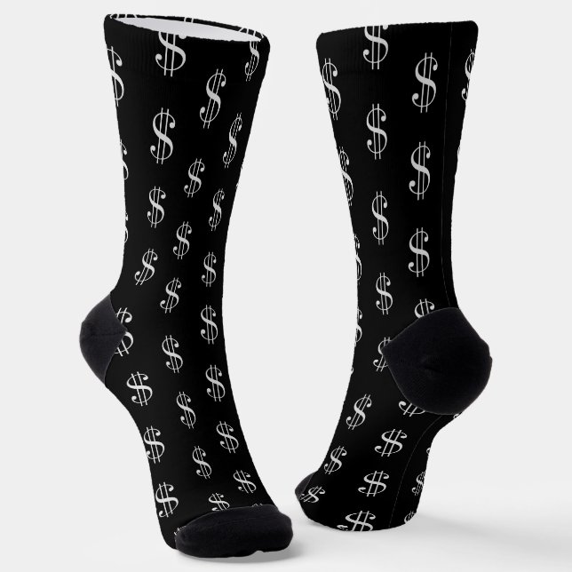 Fun Dollar Signs Pattern on Black Socks (Angled)