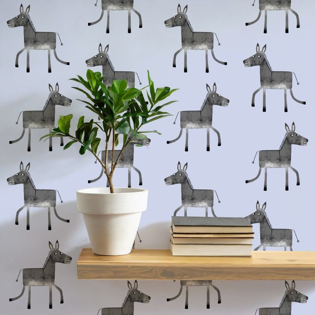 Fun Donkey Grey Blue Pattern Wallpaper (Fun donkey pattern peel and stick wallpaper in gray and blue)