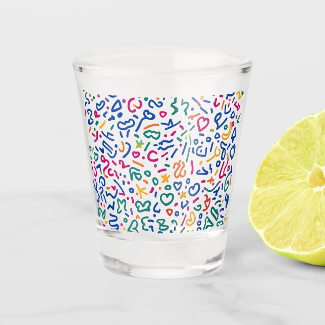 Fun doodle colourful vibrant shapes  shot glass (Front)