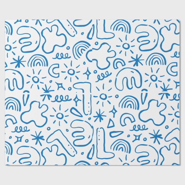 fun doodle drawings, navy, pastel blue & pink wrapping paper (Flat)