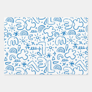 fun doodle drawings, navy, pastel blue & pink wrapping paper sheet