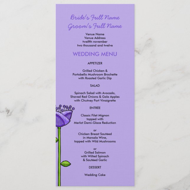 Fun Doodle Flowers purple orange Wedding Menu (Front)
