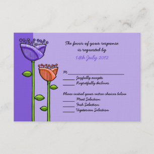 Fun Doodle Flowers purple orange Wedding RSVP Card