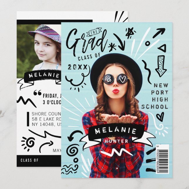 Fun Doodle Sketch Magazine Cover Girl Grad Party Invitation (Front/Back)