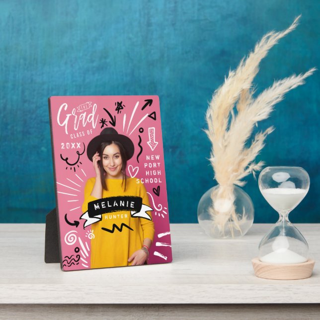 Fun Doodle Sketch Magazine Cover Girl Grad Photo Plaque (Side)