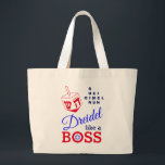 Fun Dreidel Like A Boss Hanukkah Large Tote Bag<br><div class="desc">Fun, stylish DREIDEL LIKE A BOSS Hanukkah Large Tote Bag designed with red dreidel and blue, navy and red typography. In the top right hand corner, you can read the names of the four dreidel sides in a word puzzle format (HEI can be changed to HEY or HAY, if required)....</div>
