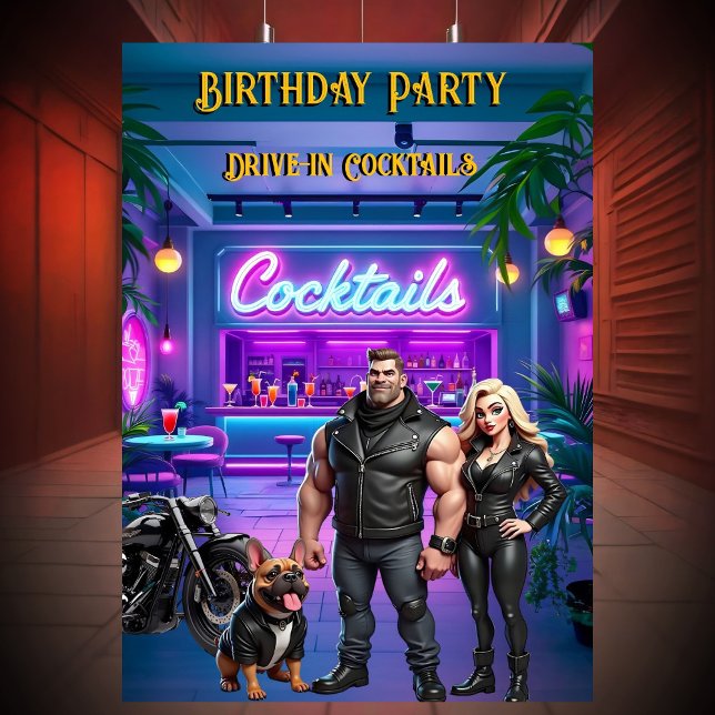Fun Drive-in Cocktail Bar Birthday Biker Couple Invitation (Creator Uploaded)