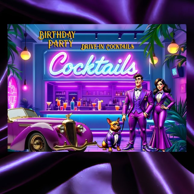 Fun Drive-in Cocktail Bar Birthday Couple Bulldog Invitation (Creator Uploaded)