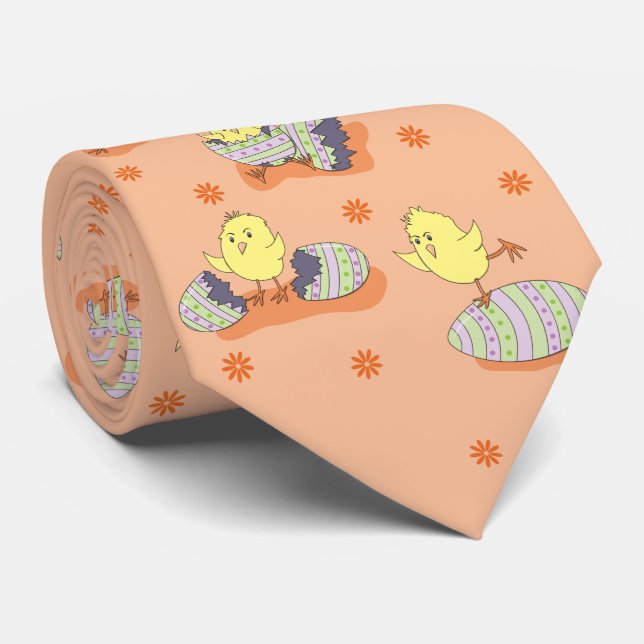 Fun Easter Chick Pattern Light Peach Neck Tie (Rolled)