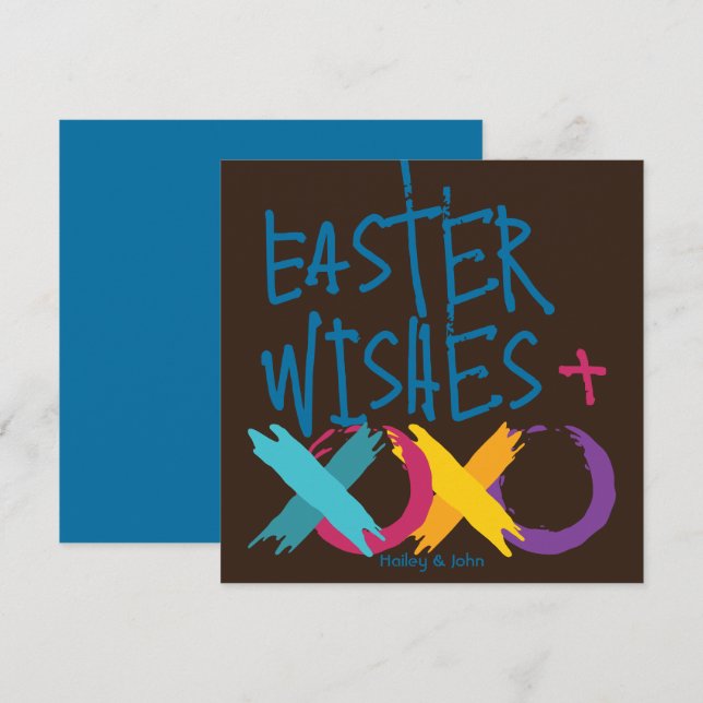 Fun Easter Wishes, Hugs & Kisses | Brown and Blue Holiday Card (Front/Back)