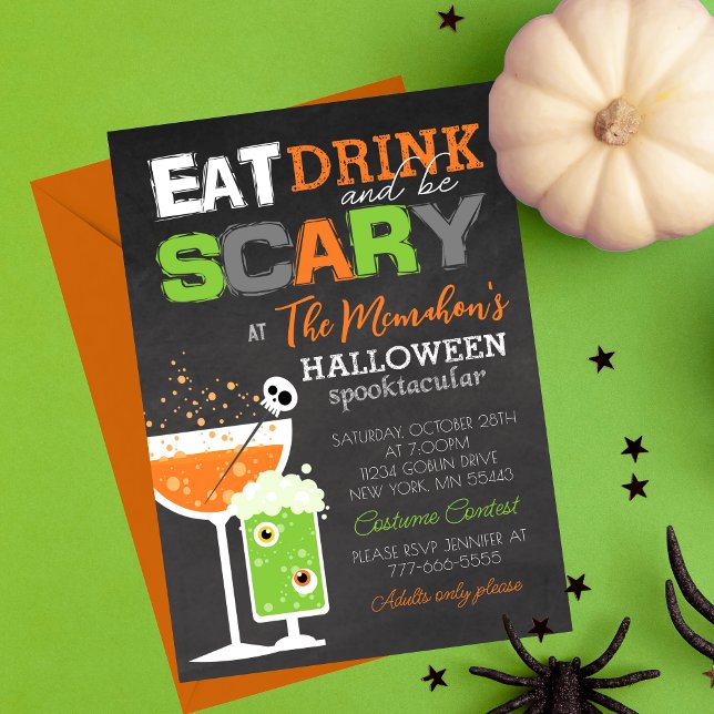 Fun Eat Drink and Be Scary Halloween Adult Party Invitation (Eat Drink and Be Scary Fun Adult Chalkboard Halloween Invitations. Available printed or digital)
