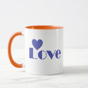 Fun, Elegant Blue Chequered Heart, "LOVE" Pattern Mug