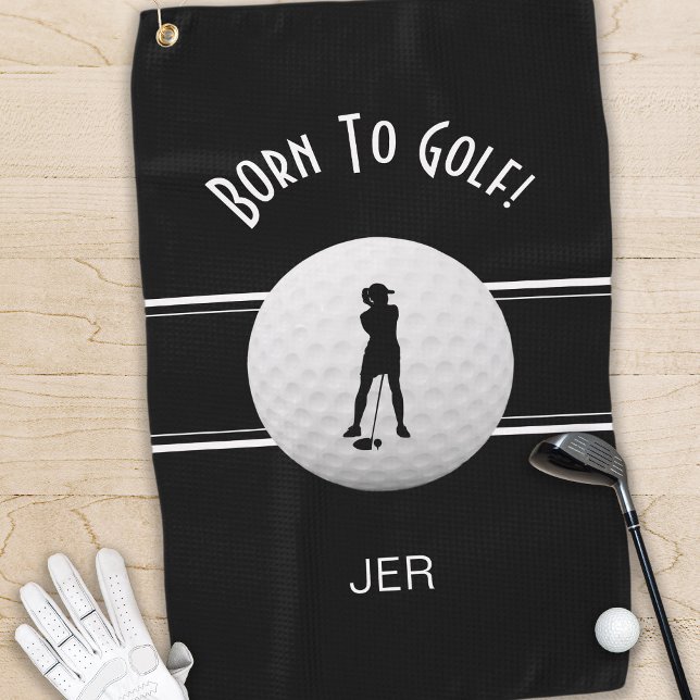 Fun Elegant Golfer Golf Ball Modern Black & White Golf Towel (Creator Uploaded)