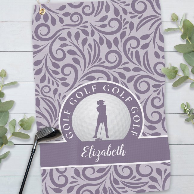 Fun Elegant Pro Golfer Modern Name Stylish Purple Golf Towel (Custom Golfer Silhouette Modern Pattern Purple Golf Towel)