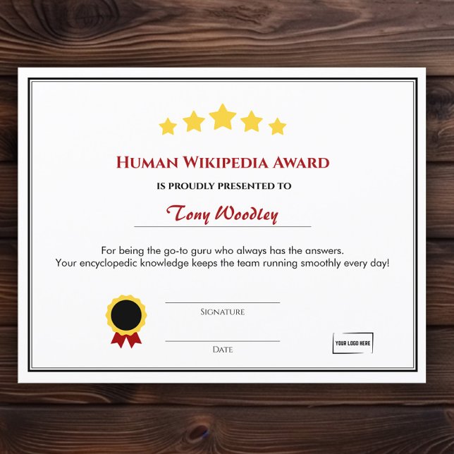Fun Employee Award Certificate - Human Wikipedia (Creator Uploaded)