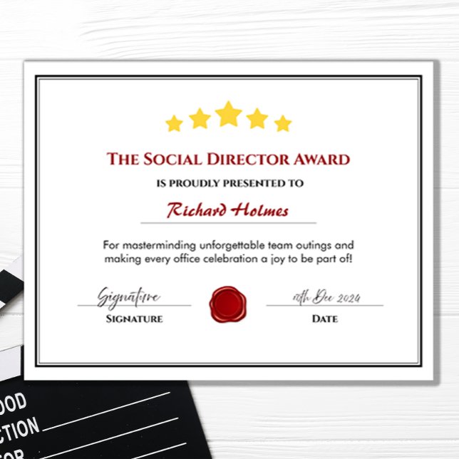 Fun Employee Award Certificate - Social Director (Customize your own employee award certificate )
