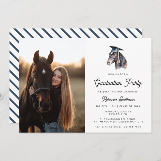 Fun Equestrian Watercolor Horse Photo Graduation Invitation (Front/Back)