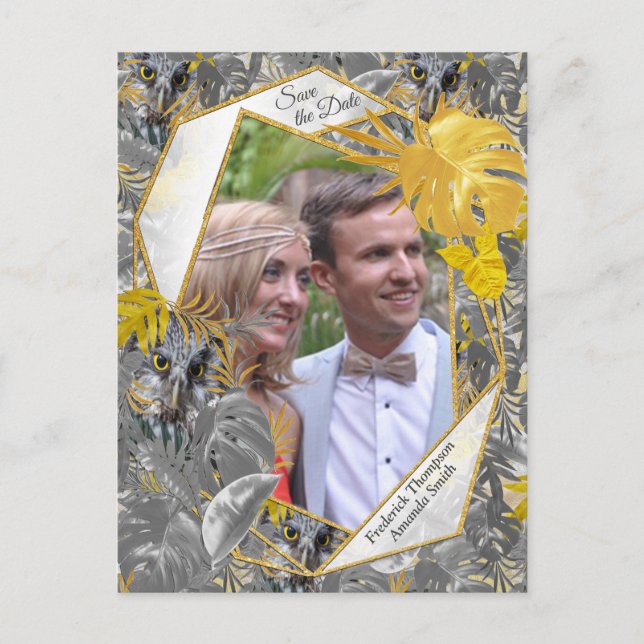 Fun Expressive in Yellow and Grey plant leaves Announcement Postcard (Front)