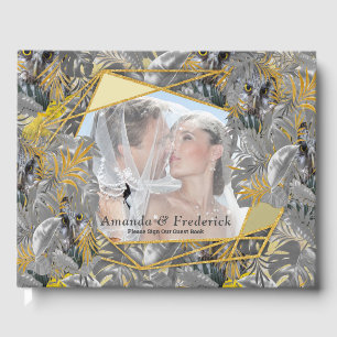 Fun Expressive in Yellow and Grey plant leaves Guest Book