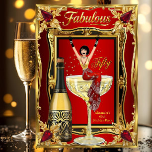 Fun Fabulous Birthday Red Gold Champagne Party Invitation