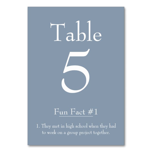 Fun Fact about the Bride and Groom on Dusty Blue Table Number (Front)