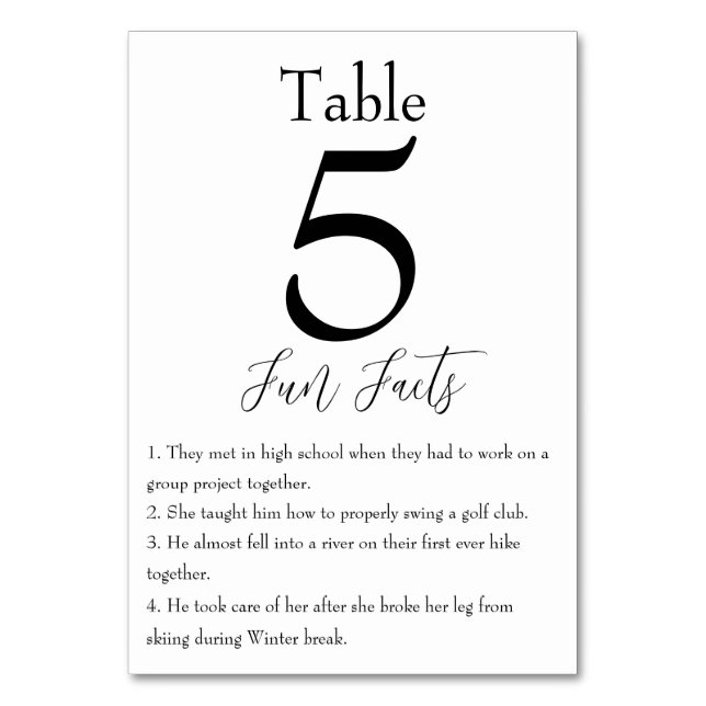 Fun Facts about the Bride and Groom Modern Wedding Table Number (Front)