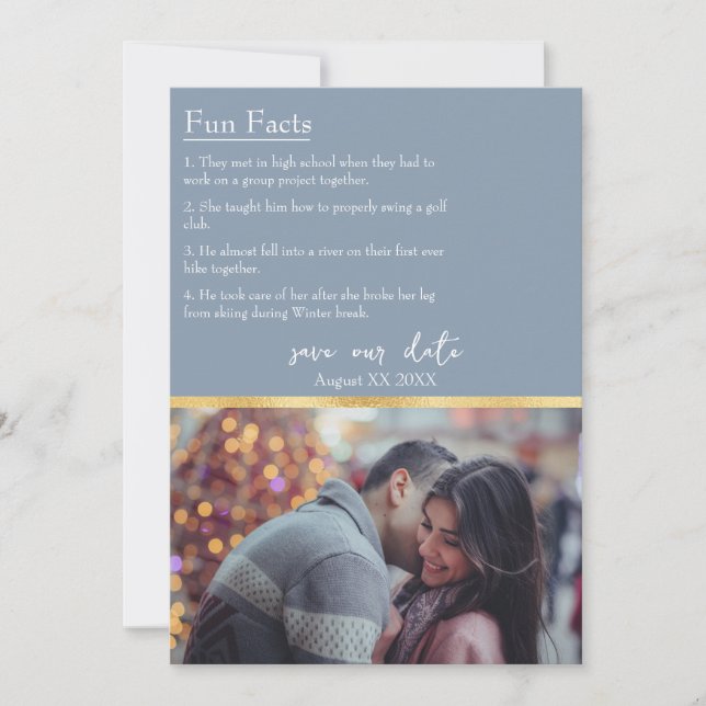 Fun Facts about the Bride & Groom Photo Dusty Blue Invitation (Front)