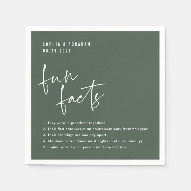 Fun Facts about the couple Dark Green Wedding Napkin (Front)