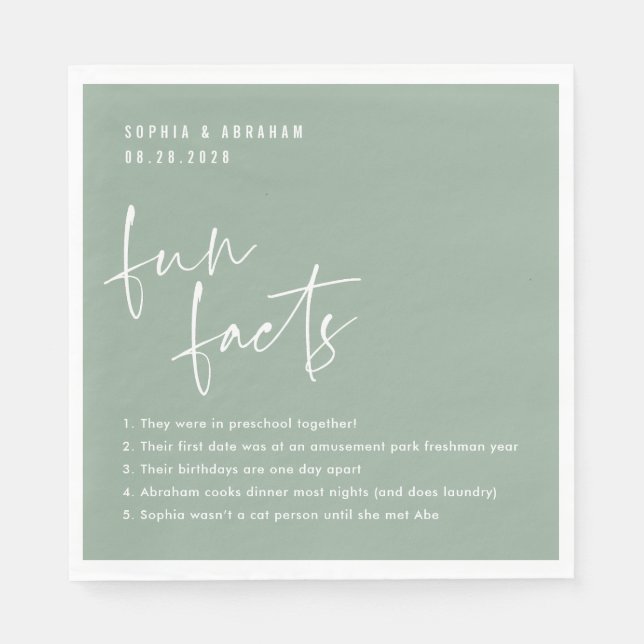 Fun Facts about the couple Sage Green Wedding Napkin (Front)