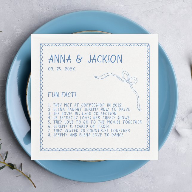 Fun facts Hand Illustrated Blue Wedding Napkins (fun facts hand written personalized wedding napkins with blue accents and bow)