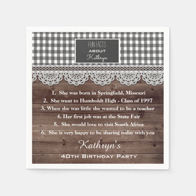 Fun Facts Rustic Birthday Party Napkin (Front)