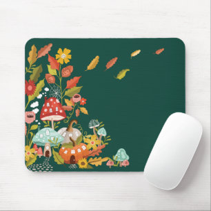 Fun Fairy Garden Autumn Leafs Mushrooms & Pumpkin Mouse Pad