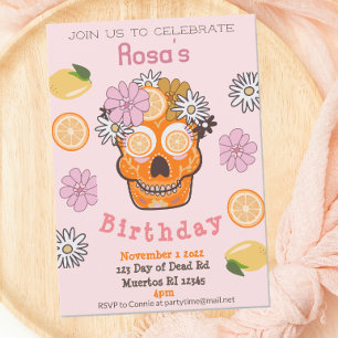Fun Fall Pink Sugar Skull Birthday Invitation