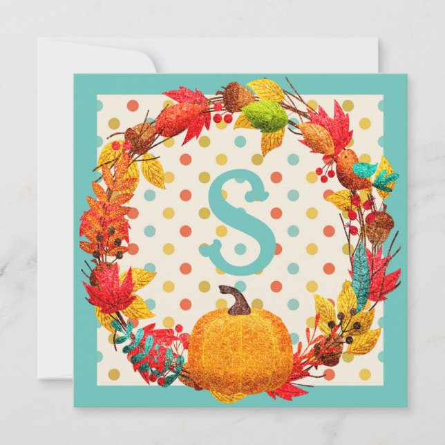 Fun fall pumpkin wreath polka dot teal orange cute holiday card (Front)