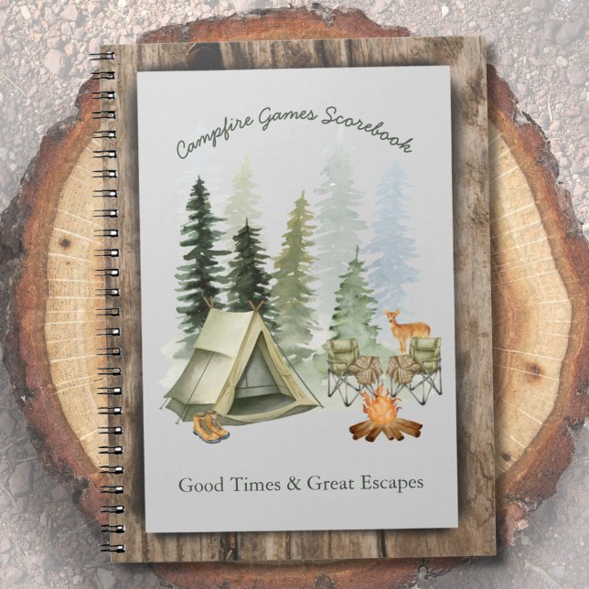 Fun Family Game Scoresheet Camping Vacation Notebook (Custom campfire games scorebook notebook with rustic watercolor family camping trip art.)