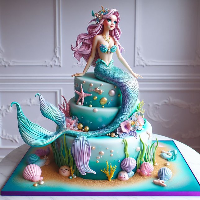 FUN FANTASY MERMAID THEMED KIDS BIRTHDAY CAKE CARD (Creator Uploaded)