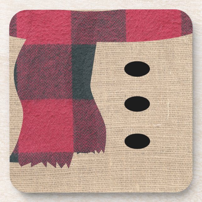 Fun Farmhouse Burlap Snowman Plaid Scarf & Buttons Coaster (Front)