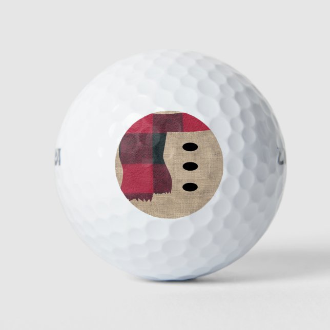 Fun Farmhouse Burlap Snowman Plaid Scarf & Buttons Golf Balls (Front)