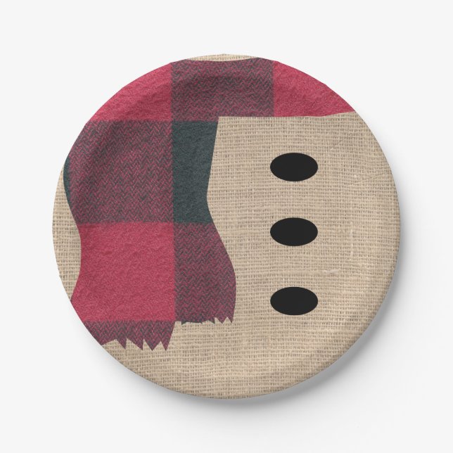 Fun Farmhouse Burlap Snowman Plaid Scarf & Buttons Paper Plate (Front)