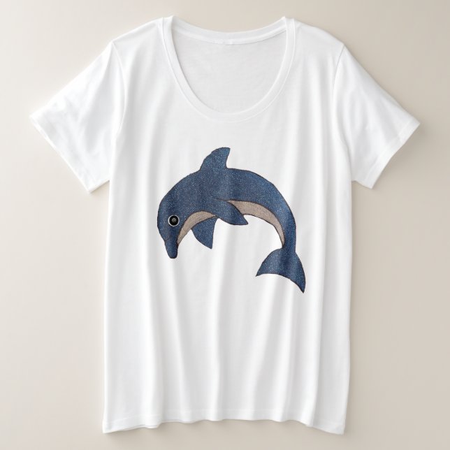 Fun Faux Glitter Dark Blue White Jumping Dolphin Plus Size T-Shirt (Design Front)