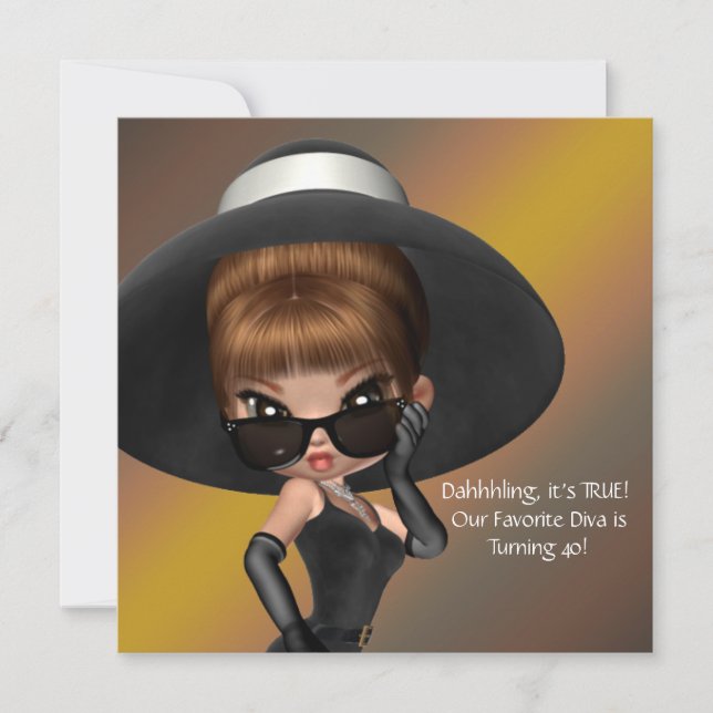 Fun Favourite Diva Womans Black 40th Birthday Part Invitation (Front)