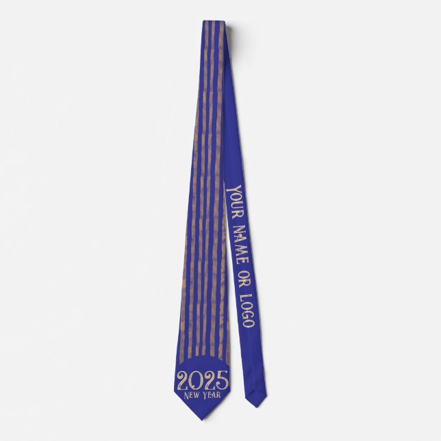 Fun festive happy new year midnight blue stripes  tie (Front)
