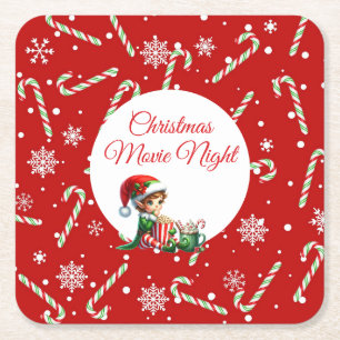 Fun Festive Movie Night Christmas Party Square Paper Coaster