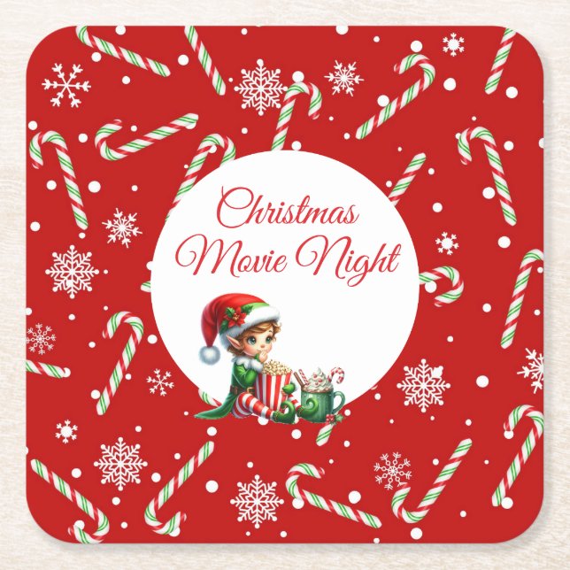 Fun Festive Movie Night Christmas Party  Square Paper Coaster (Front)