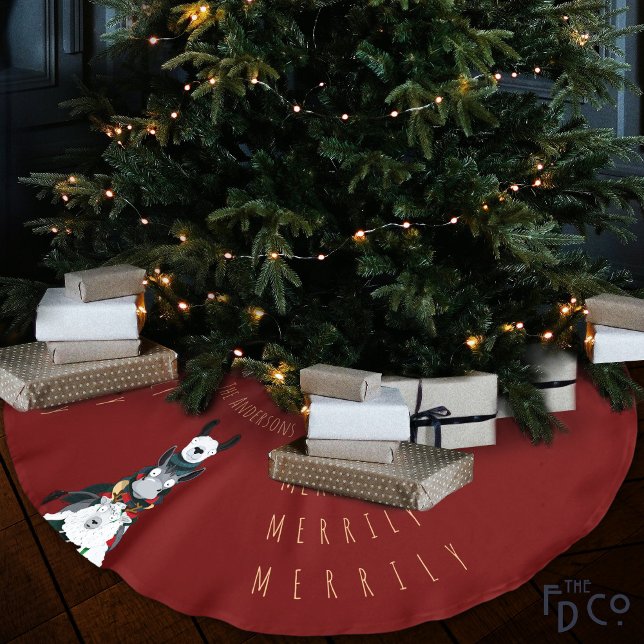 Fun Festive Red Chic Cute Donkey Llama Sheep Brushed Polyester Tree Skirt (Creator Uploaded)