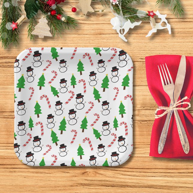 Fun Festive Snowman Candy Cane Tree Christmas Paper Plate (Creator Uploaded)