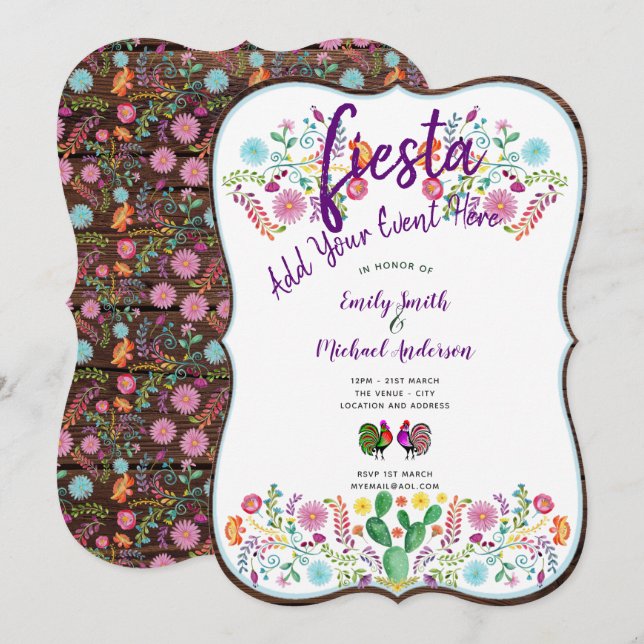 Fun Fiesta Watercolor Folk Flowers Couples Invites (Front/Back)