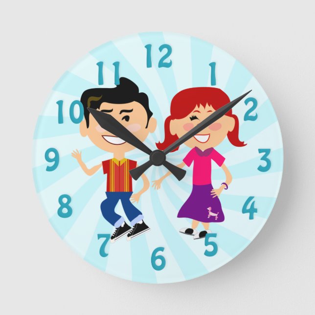 Fun Fifties Happy Dance Kids Retro Art  Round Clock (Front)
