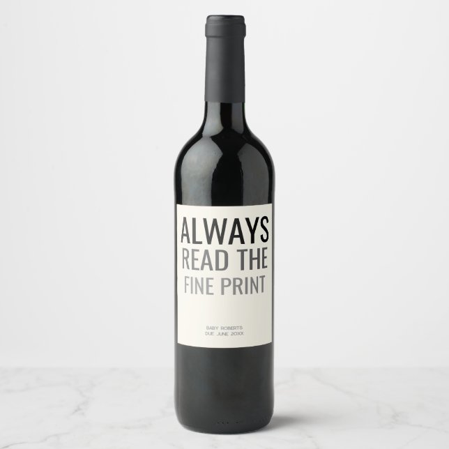 Fun Fine Print Baby Reveal Pregnancy Announcement  Wine Label (Front)