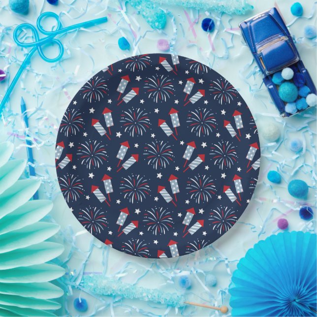Fun Fireworks 4th July Red White Blue Paper Plate (Party)